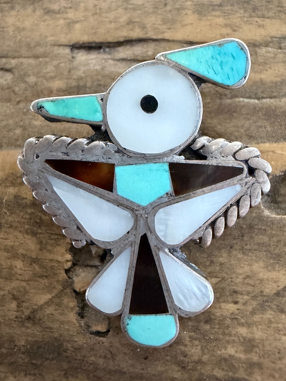 Vintage Native Handmade Zuni Thunderbird Pin Brooch Turquoise Sterling Silver